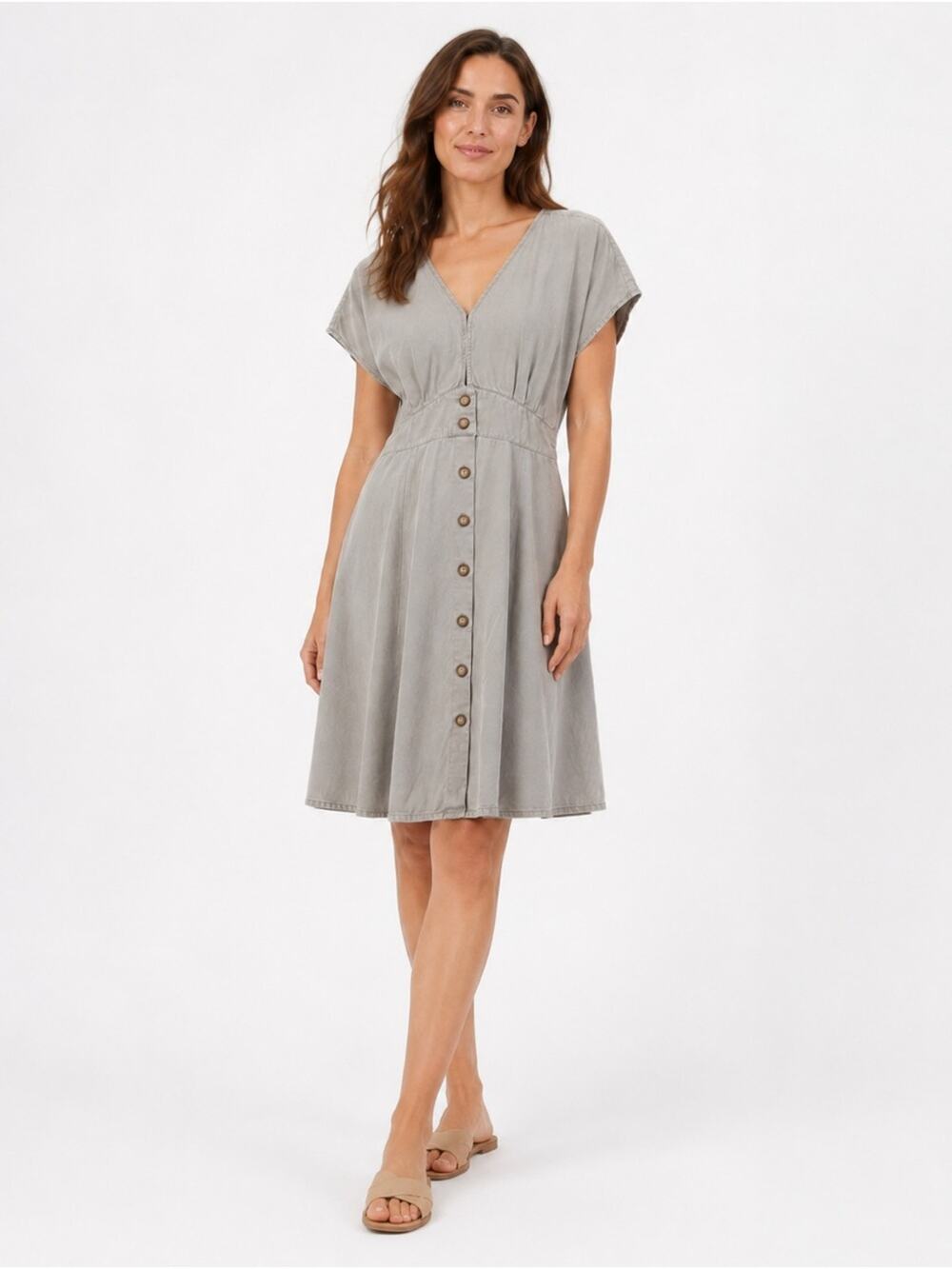 Quince Tencel Button Front Tie Waist Dress Gray Size Small